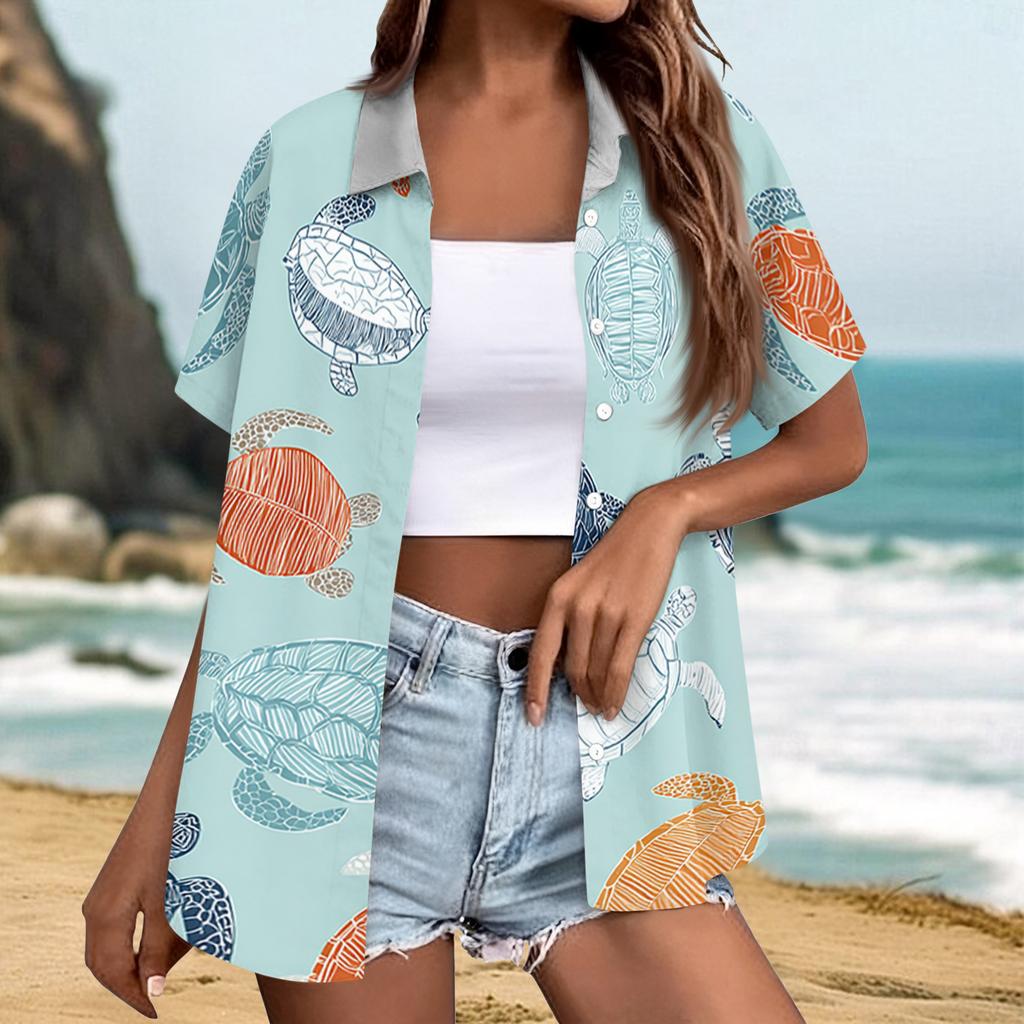 Women's fashionable casual Hawaiian print short-sleeved button-down collar shirt top