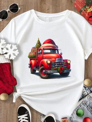 (Asian Size) Tee Merry Christmas New Year Lovely Truck Happy Holiday Top Festival Casual Women Print Lady Short Sleeve Fashion Graphic T-shirts