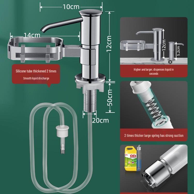 Space Aluminum Quick-Install Soap Dispenser with Extension Rod for Sink or Vegetable Washing Basin.