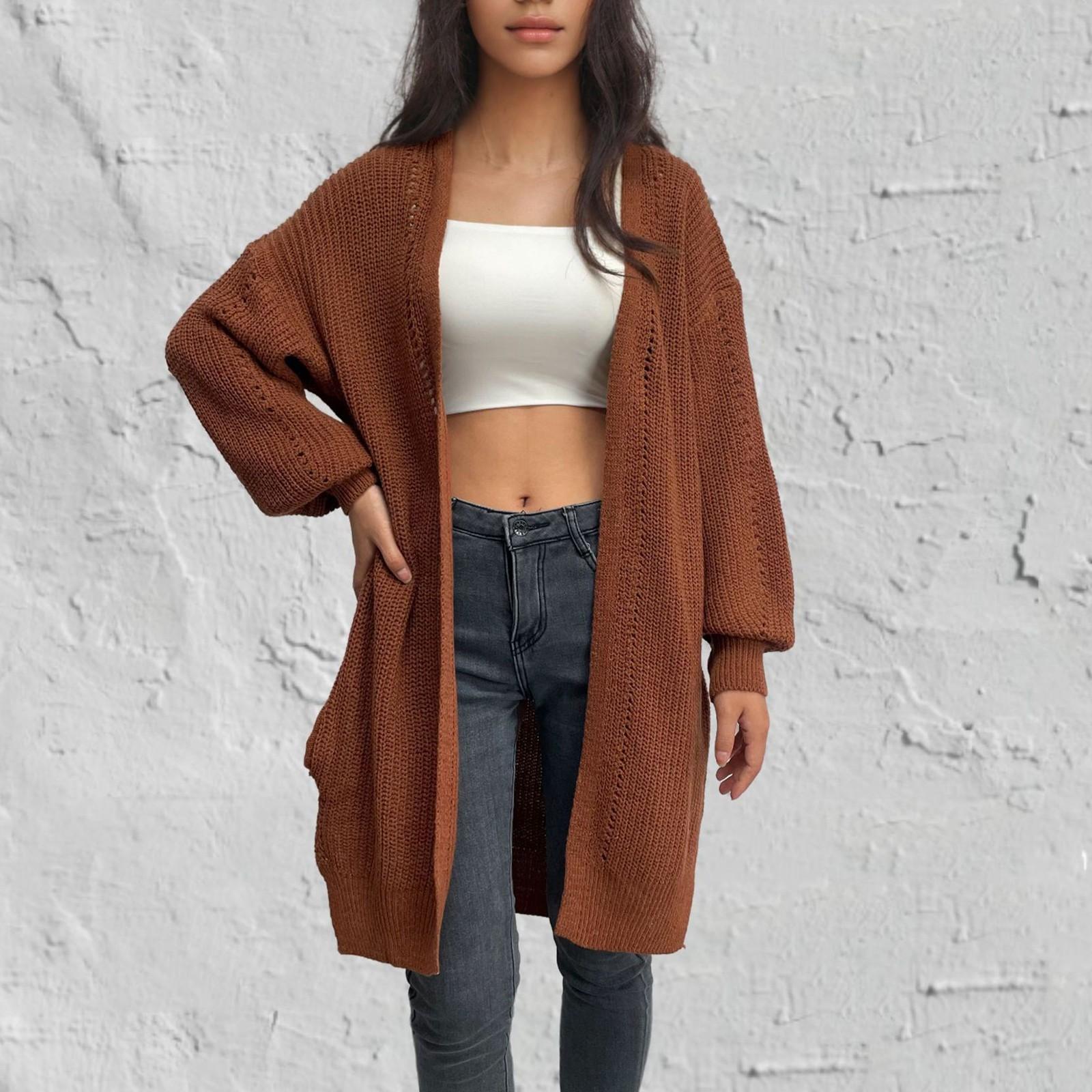 20/5000 Женский однотонный свободный трикотажный кардиган средней длины с длинным рукавом — фото 5