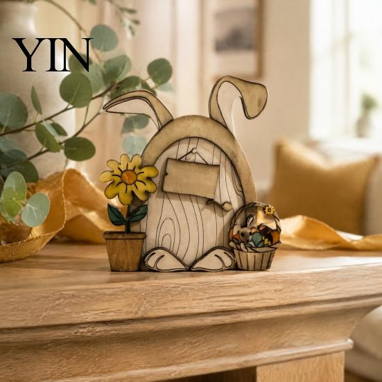Hand Painted Rabbit Decorations Wooden Fairy Door Decor, 2D Gnome Elf Ornament, Bunny Mushroom Springtime Living Room Embellishments Wood Craft, House