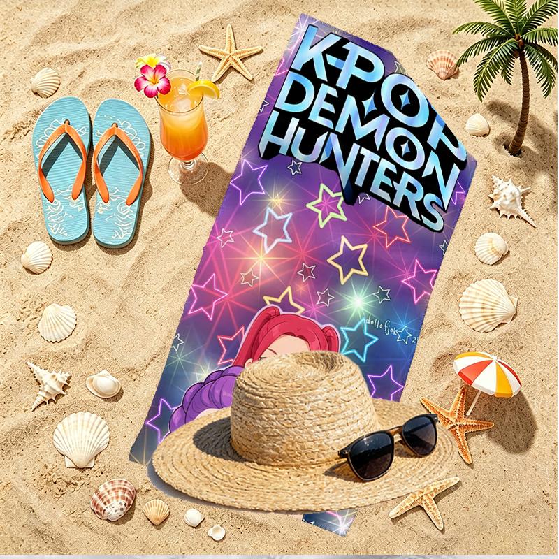 KPop Demon Hunters Print Beach Towel, Versatile Lightweight Absorbent Beach Towel for Pool Surf Yoga Bathroom, Perfect Birthday Holiday Gift