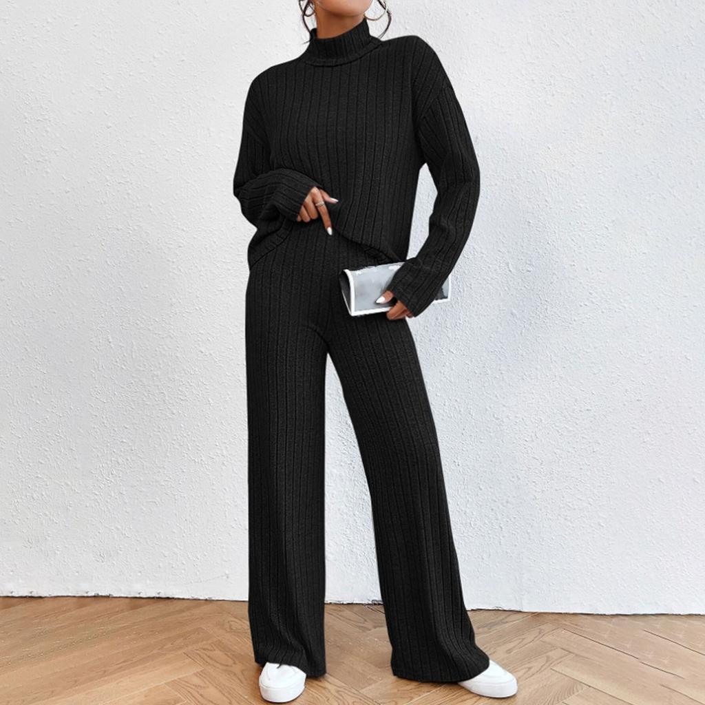 Women's Casual Solid Color High Neck Long Sleeve Set Loose Pants Two Piece Set