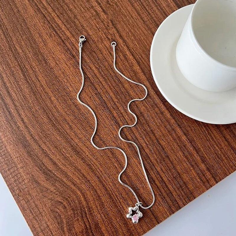 Blumen Hohl Anhänger Halskette Inlay Zirkon Stern Rosa Herz Hals Schmuck Für Frauen Mädchen Ästhetische Halskette Schlüsselbein Kette