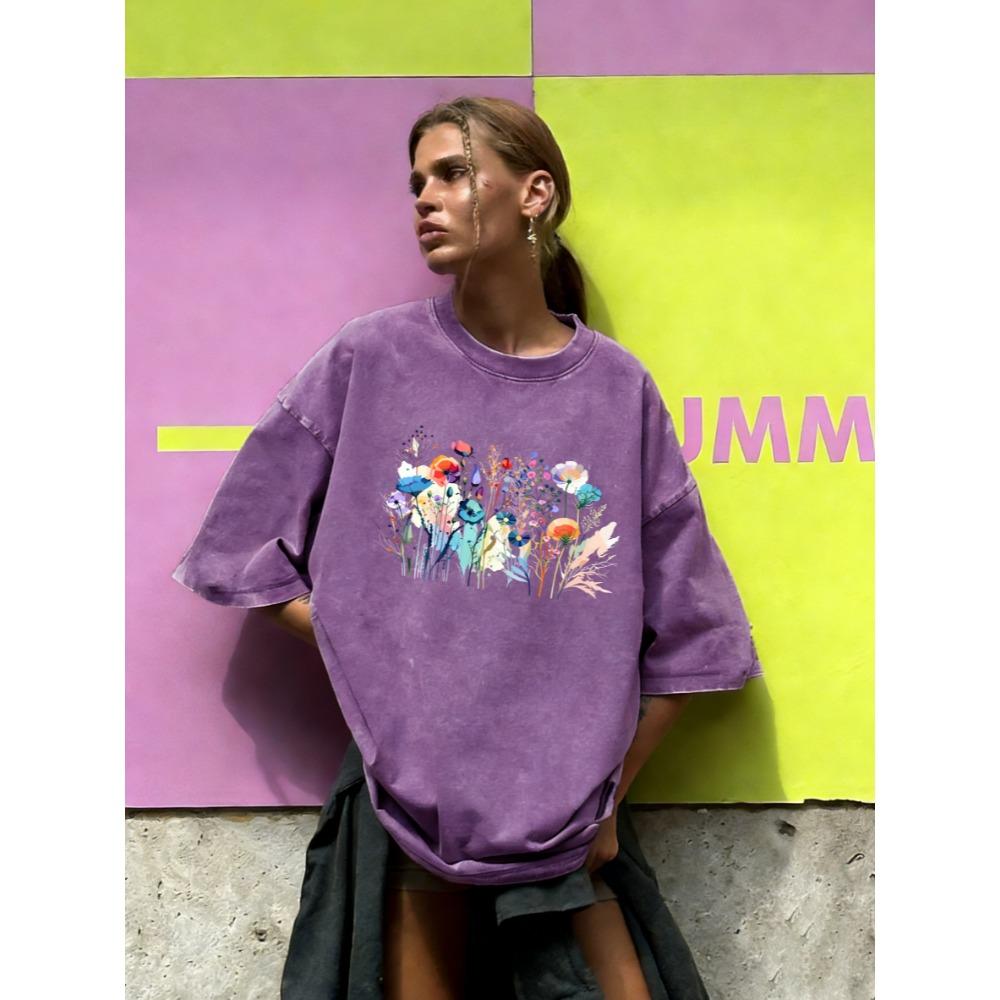 

Flowers And Their Decorative Leaves Printed Washed T-Shirt Women O-Neck Cotton T Shirt Loose Clothes Vintage Summer 3XL