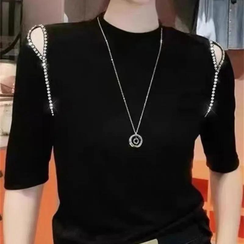 Damen Schwarzes Rollkragen Oberteil 3/4 Ärmel Cold Shoulder Schlanke Bluse Strassstein Detail