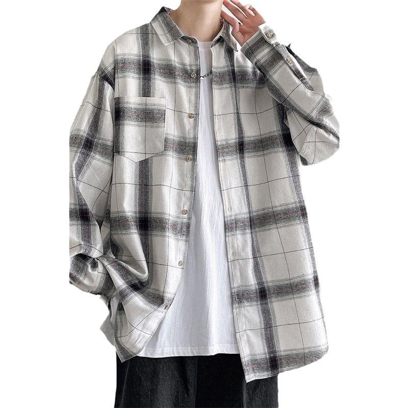 Men's Retro Black & White Plaid Long-Sleeve Shirt - Casual, Loose-Fit for Spring & Autumn