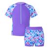 Front Zipper Closure Short Sleeves Stand Collar Tops + Elastic Waistband Shorts Floral Print Quickly Dry Swimwear 2Pcs Sets