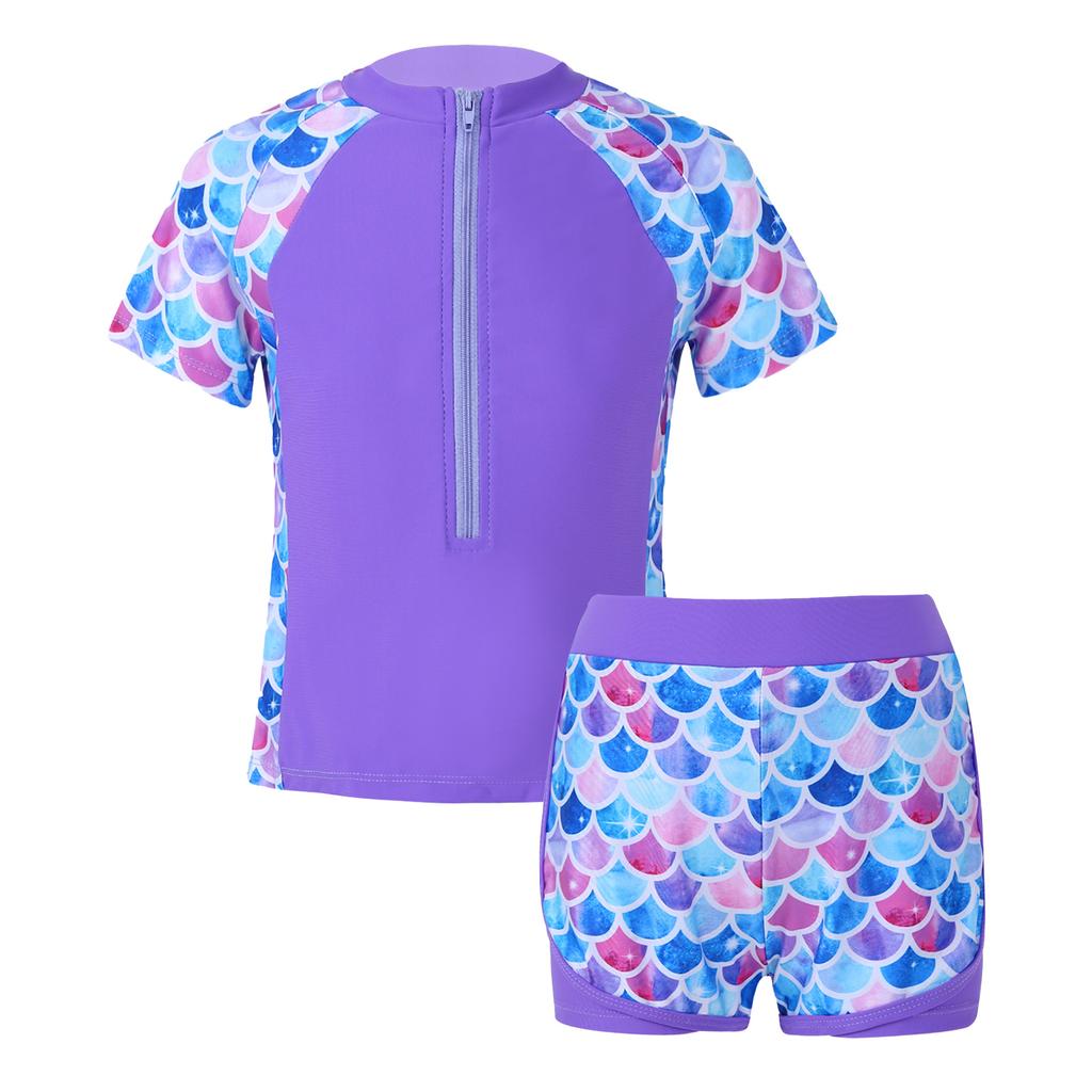 Front Zipper Closure Short Sleeves Stand Collar Tops + Elastic Waistband Shorts Floral Print Quickly Dry Swimwear 2Pcs Sets