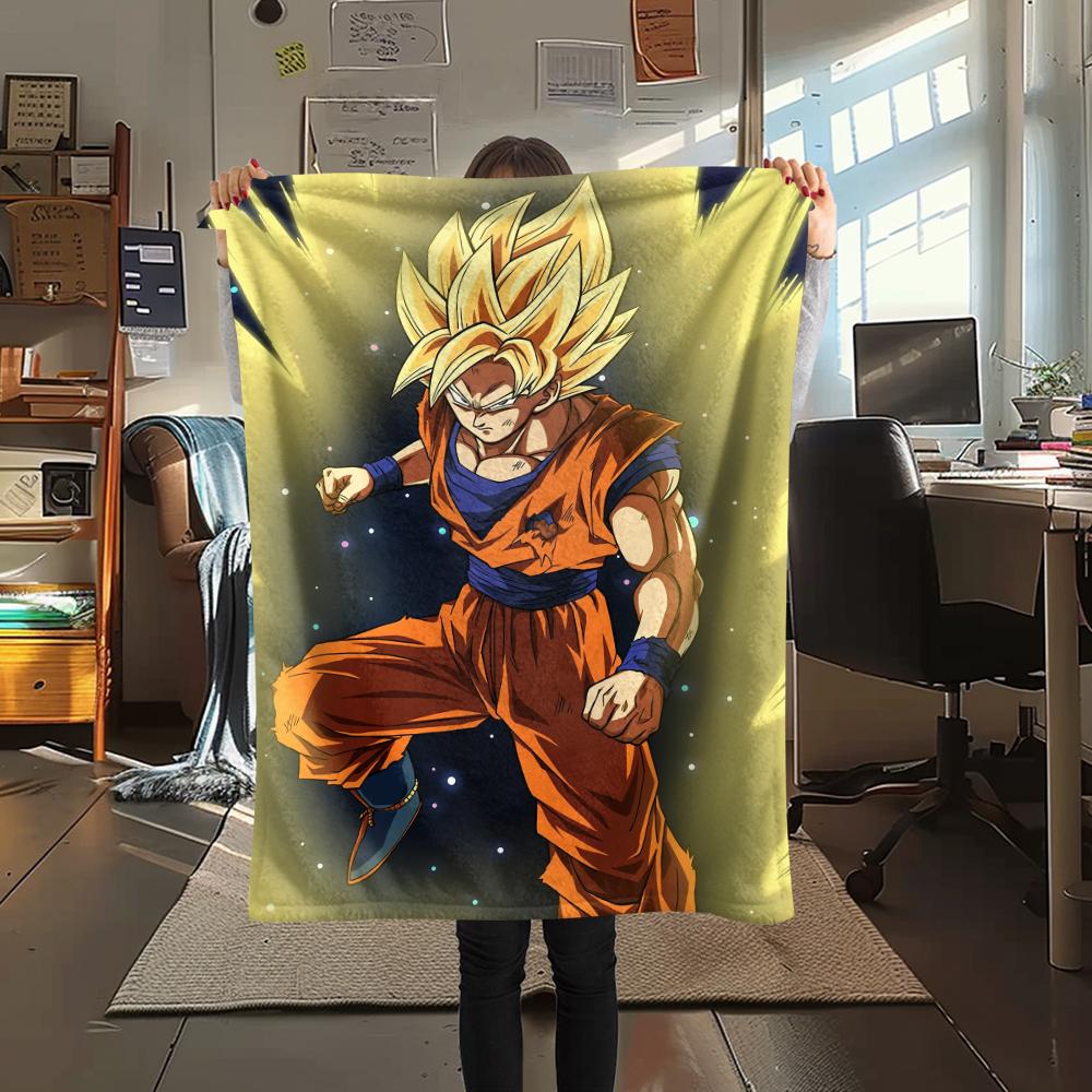 Cartoon Character Goku Pattern Flannel Blanket, High Quality Comfortable for All Seasons, Home Decor, Warmth and Comfort, Perfect for Gifts.