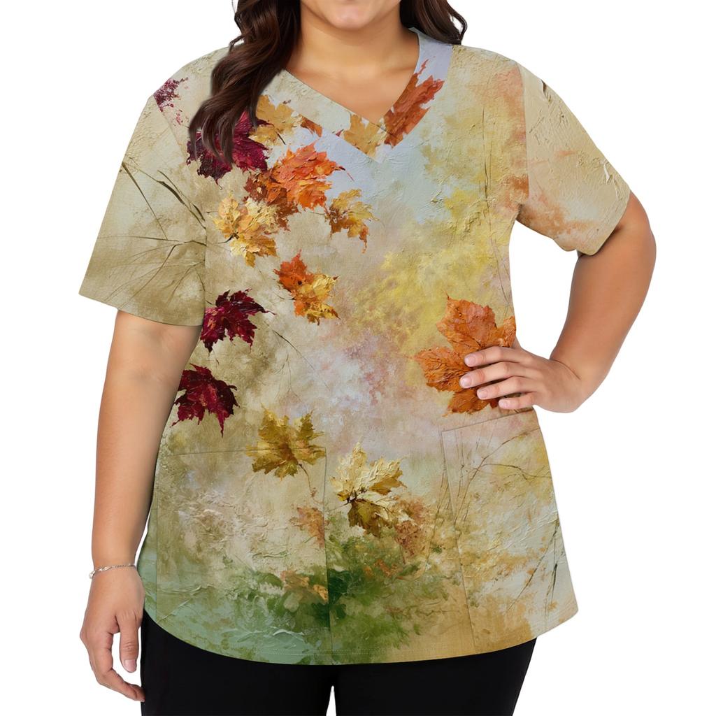 Damen V-Ausschnitt Kurzarm Kasack mit Taschen, Herbstlaub-Print, Arbeitsuniform