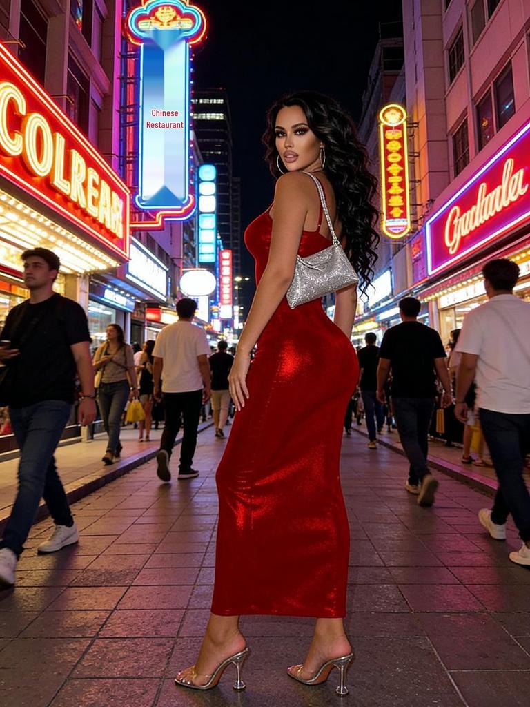 2025 New Year's Red Shiny Bodycon Slip Dress - Elegant Formal Gown for Valentine's Date
