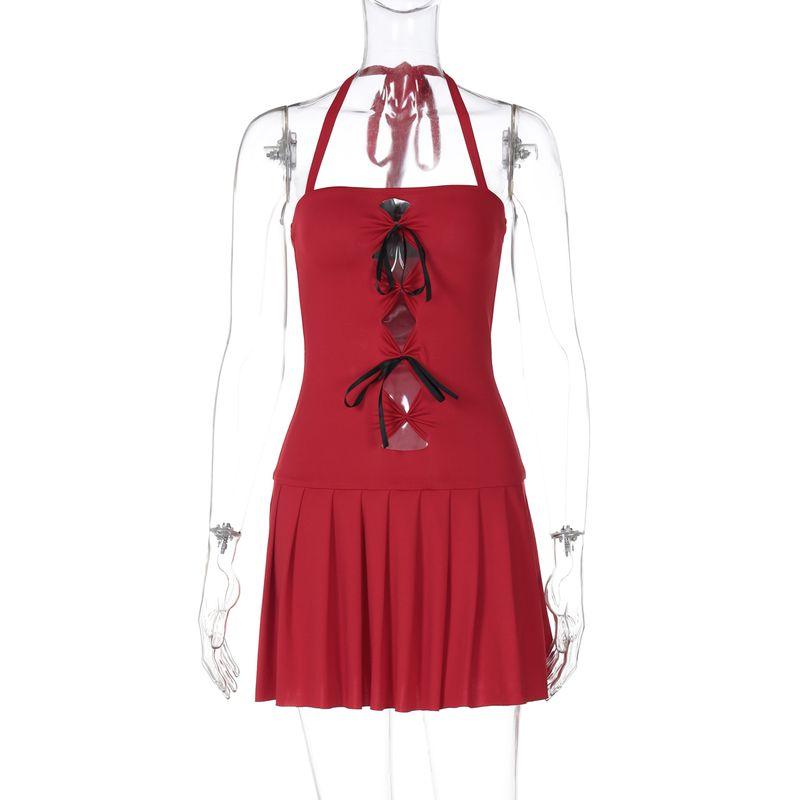 

Shemoda Сексуальное Сексуальное Платье с Вырезами, Декоративным Цветком, Открытыми Плечами, Шнуровкой, Холтер, Женское, С Завышенной Талией, Облегающее, Плиссированная Юбка Red S