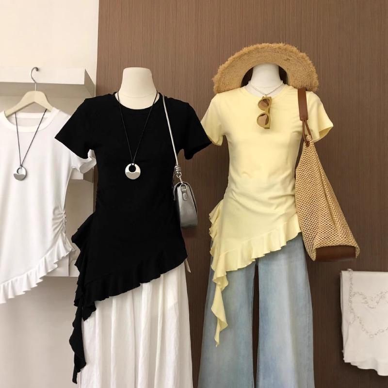 

Women s Design Right Shoulder Irregular Ribbon Lace Short-sleeved Light Milk Yellow Top Summer XL чорний