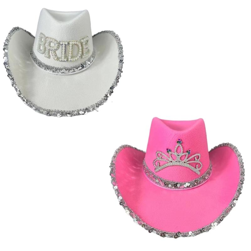 Strass Kronen Cowgirl Hut für Damen Rollkrempe Rollenspiel Cowgirl Hut Hochzeitsfeier Requisiten Junggesellinnenabschied Kopfschmuck