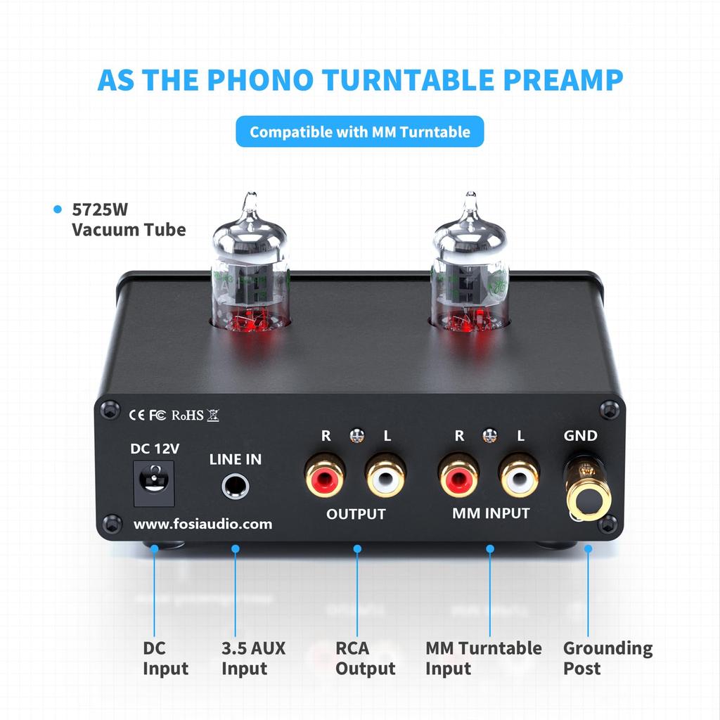 Fosi Audio BOX X4 Phono Preamplifier Headphone Amplifier with 6J1 Vacuum Preamplifier for MM Turntables and Preamplifier for Record with and Treble