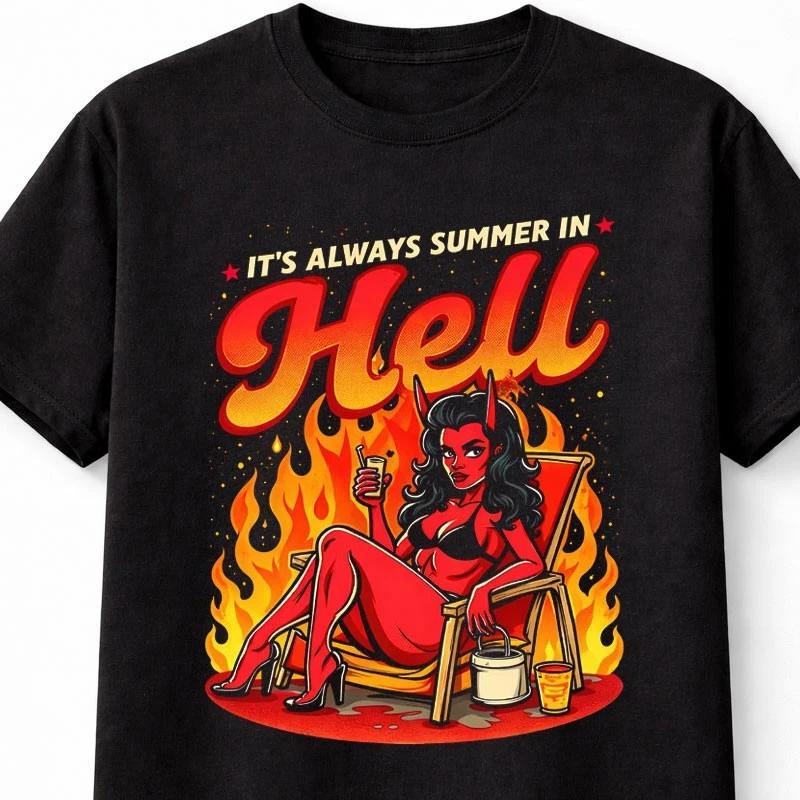 Its Always Summer in Hell Devil Girl T Shirt Funny Dark Humor Fire Tee S 5XL S