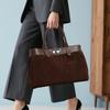 Women's Retro Suede Spliced Leather Tote Bag with Lock, Large Capacity Handbag & Crossbody Bag for Commute