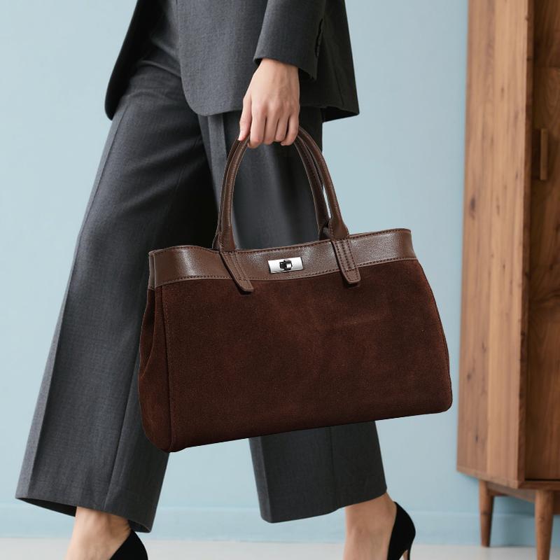 Women's Retro Suede Spliced Leather Tote Bag with Lock, Large Capacity Handbag & Crossbody Bag for Commute