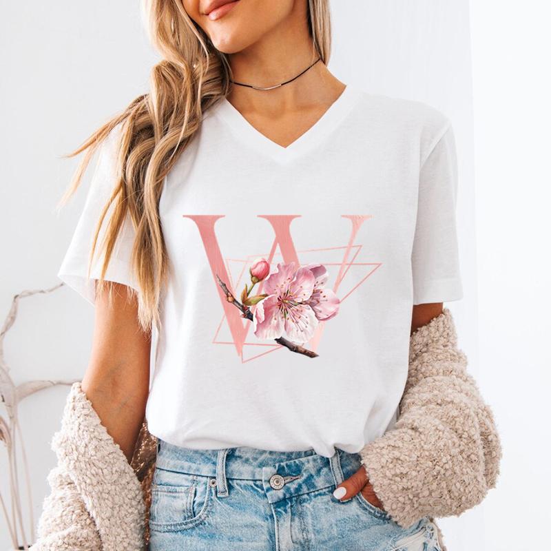 AZ 26 Alphabet Unisexs VNeck TShirt Pink Sakura Letter B Graphic T Shirts Unisex Letters ABCD Casual Tees Fashion Y2K Tops