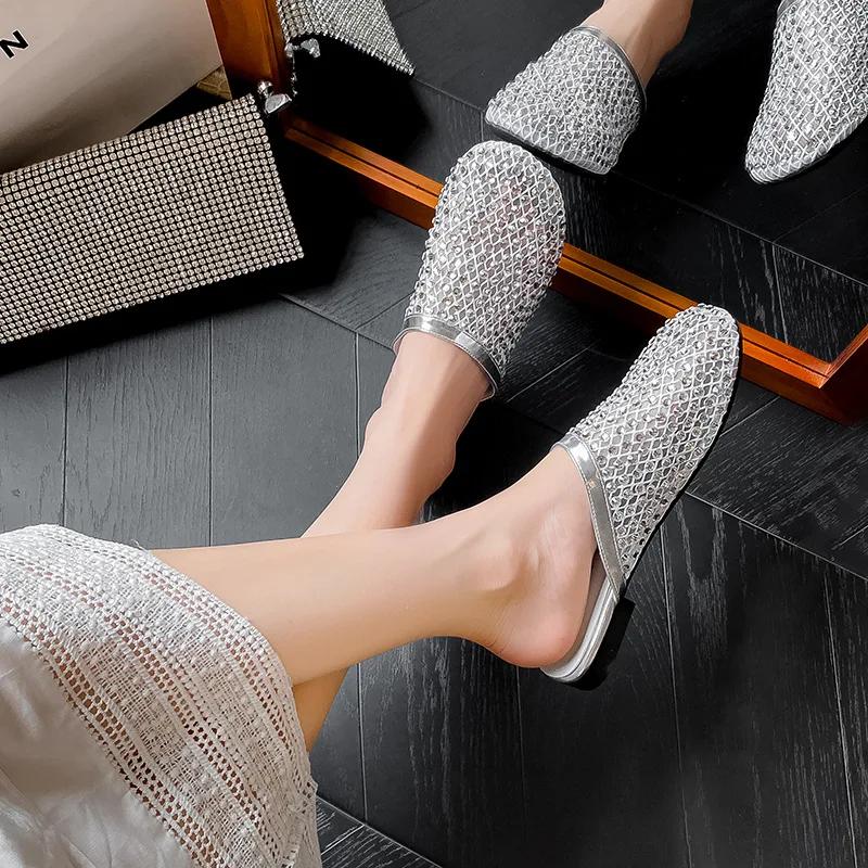 Letní dámské boty Moderní pantofle Kamínky Nýty Ležérní nazouváky Síťované slip-on mokasíny