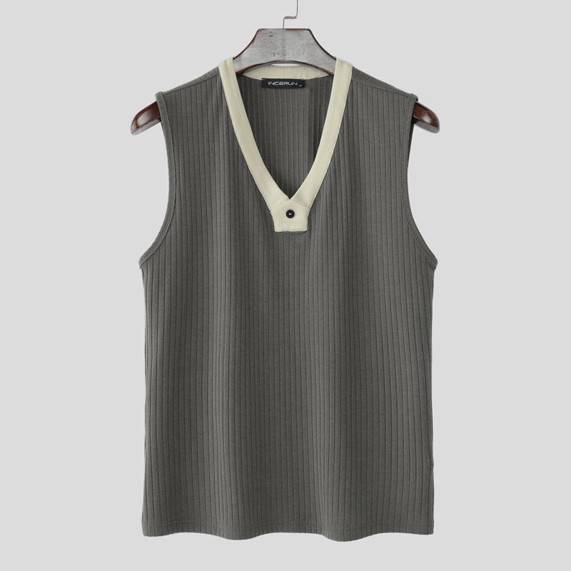 

INCERUN Men V Neck Sleeveless Patchwork Rib Casual Tank Tops Undershirts 5XL серый