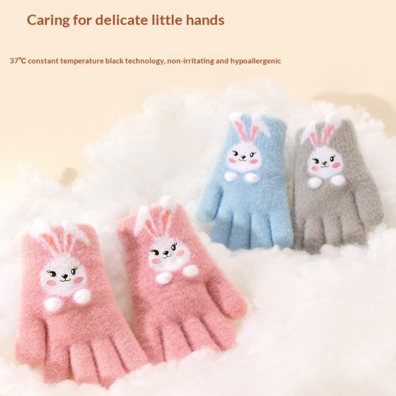 Kids Five Finger Rabbit Gloves Winter Warm Knitted Cute Cartoon Baby Girl Gloves For Cold Weather