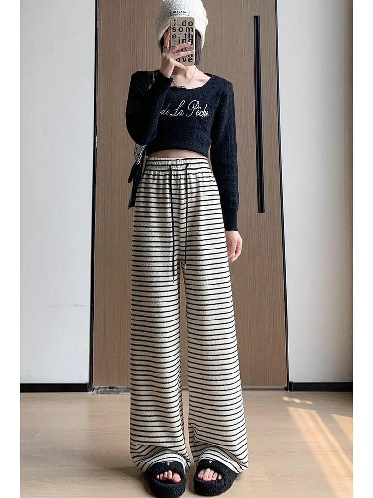 Petite 145 Fleece Striped Wide-Leg Pants - Autumn/Winter High-Waist Casual
