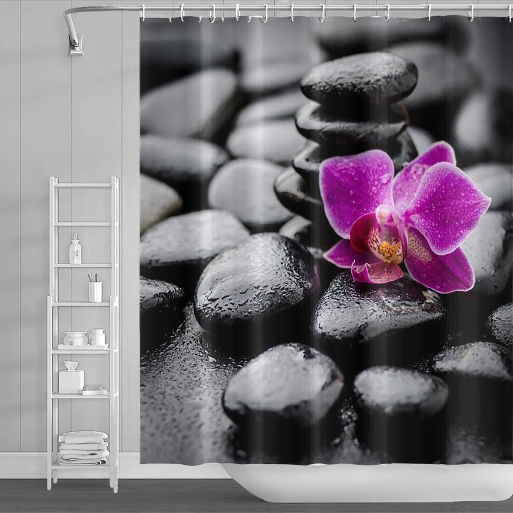 Spa Buddha Water Yoga Shower Curtain Rural Landscape Creek Stone Lotus Buddha Waterproof Polyester Bathroom Curtain With Hooks