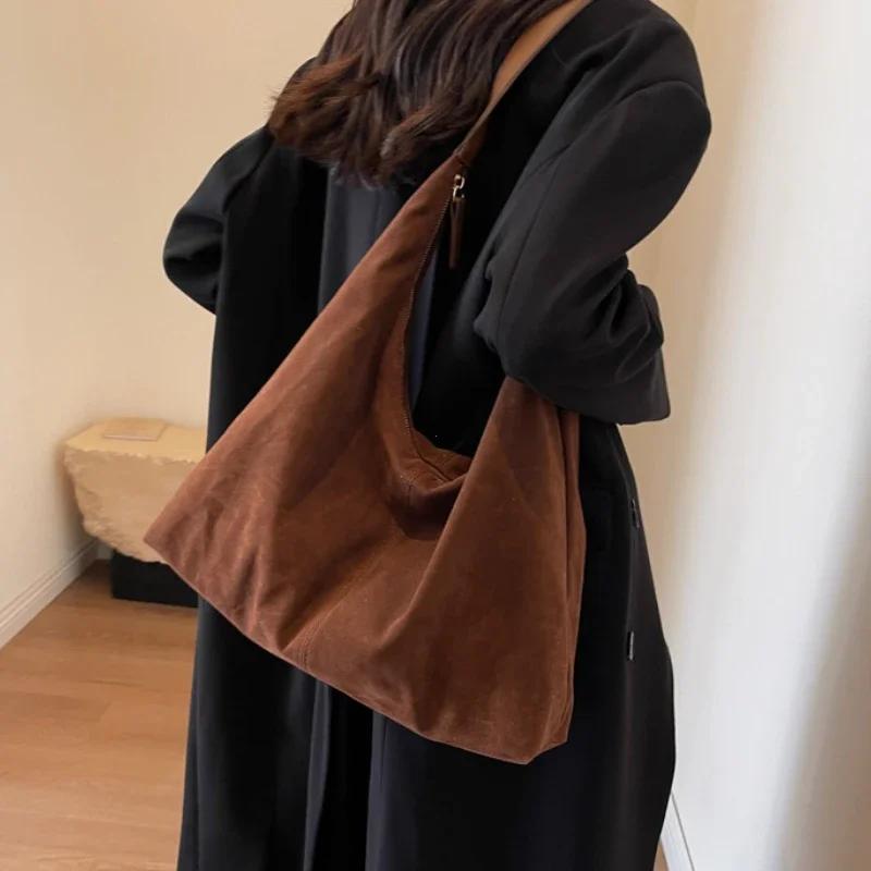 Vintage Suede Large Capacity Women Tote Bag Autumn Winter Commute Shoulder Crossbody Bags Trend Underarm Bags
