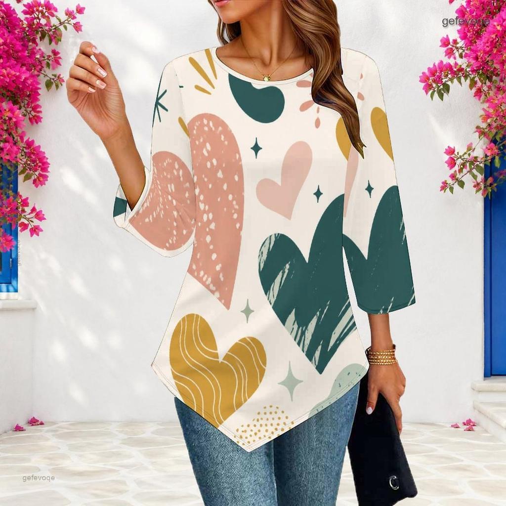 Womens Plus Size Three Quarter Sleeve Blouse Pointed Hem Breathable Loose Casual Daily Activity Top