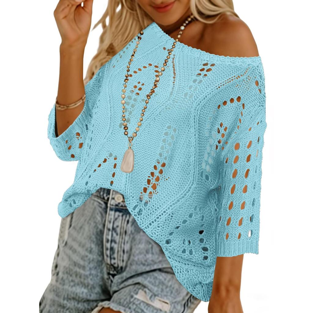 Damen Gestricktes Häkel-Strand-Überwurf-Top, Farbe Lässiger Badeanzug-Überwurf, Leichte Durchsichtige Tunika für Pool, Strand und Sommerurlaub