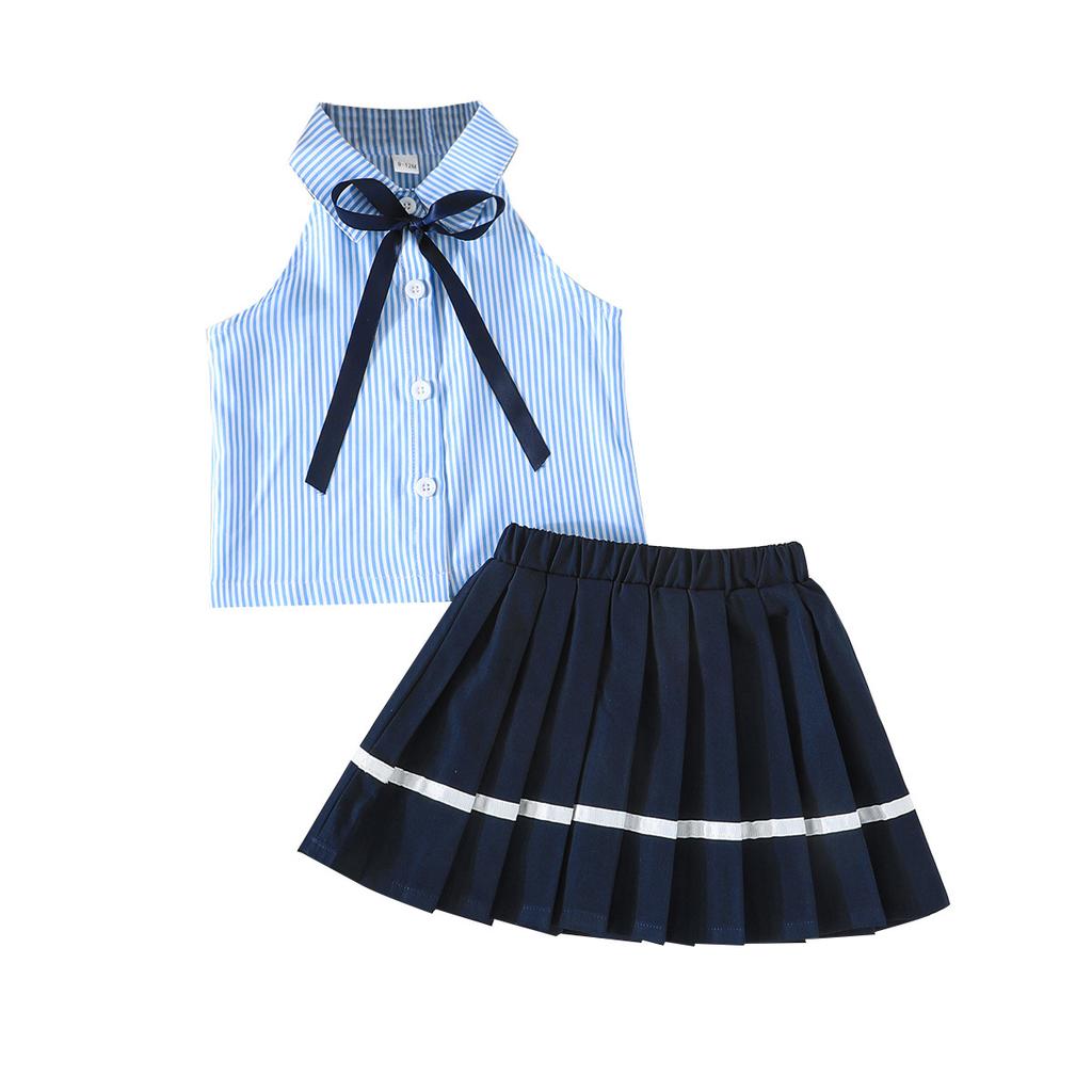 Mädchenmode-Set: Sommer Preppy-Style Gestreiftes Oberteil + Faltenrock Zweiteiliges Set