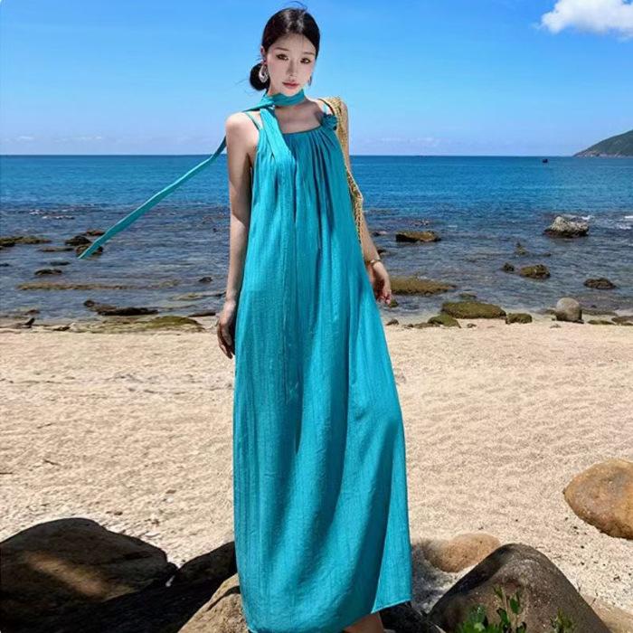 New summer literary seaside vacation wind white three-dimensional flower straps suspender long dress dress S