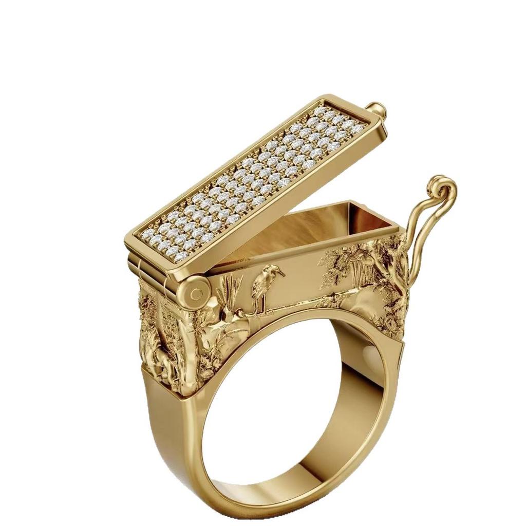 Retro Gold gravierter Klappring für Herren mit vollen Diamanten - Luxusschmuck