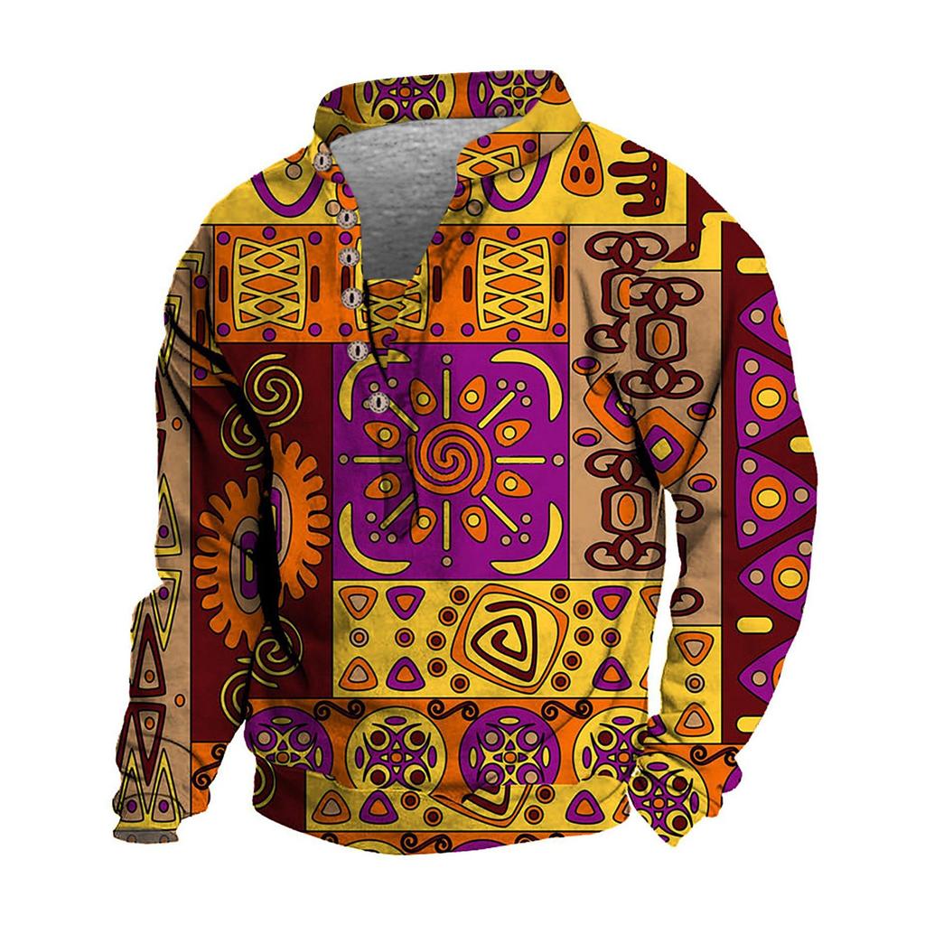 Pullover mit V-Ausschnitt für Herren, 3D-Digitaldruck, Stehkragen, 6 Knöpfe, Vintage-Kragen