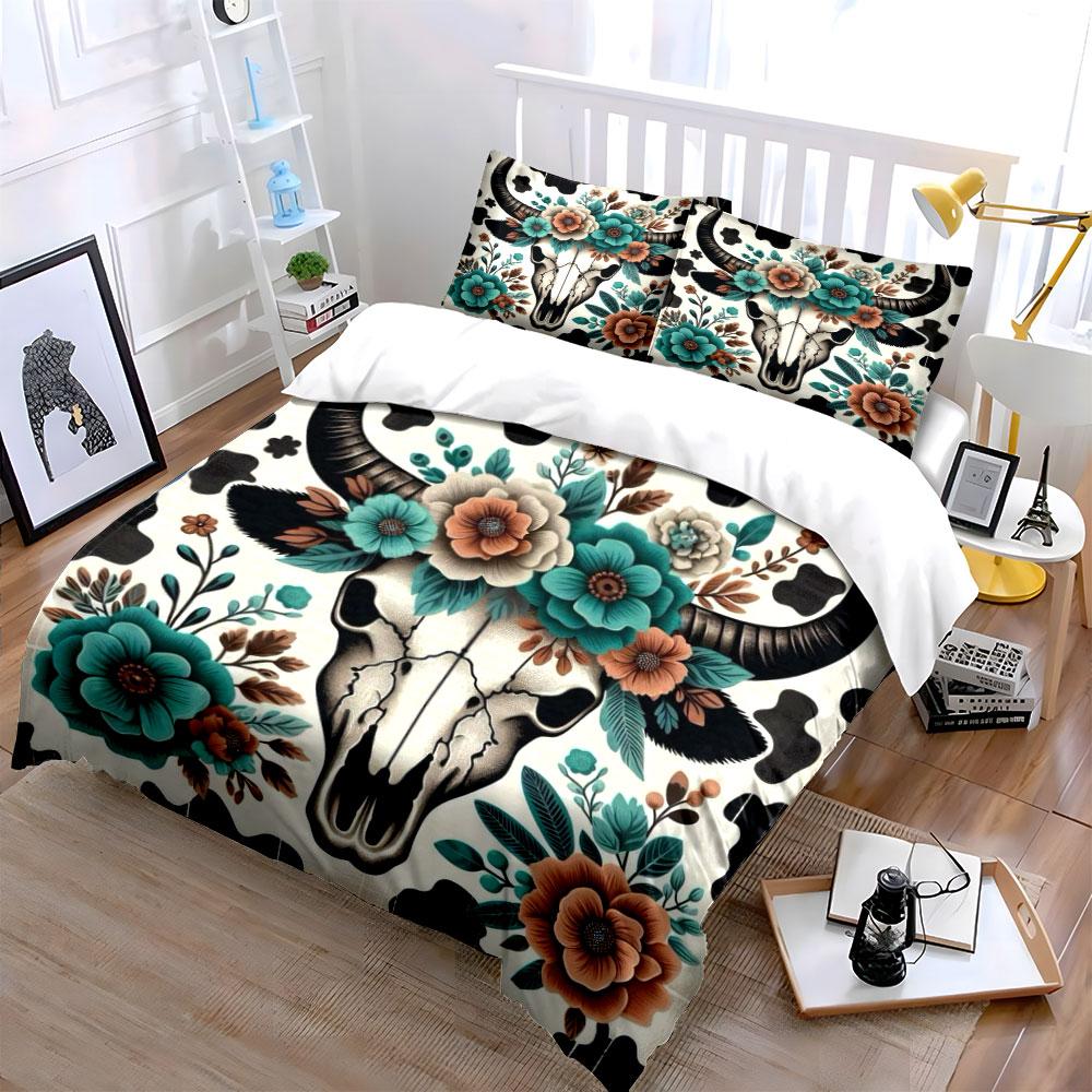 Floral Bull Skull Bedding Set Bedding Duvet Cover Set Duvet Cover Pillowcases (1 * Duvet Cover 2 * Pillowcases, Without Duvet Insert)