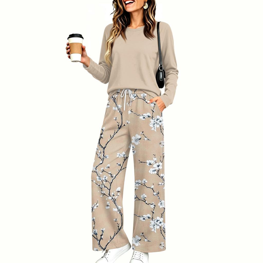 Women's Casual Printed Long Sleeve Round Neck Loose Fit Pajama Set with Pockets for Home Wear