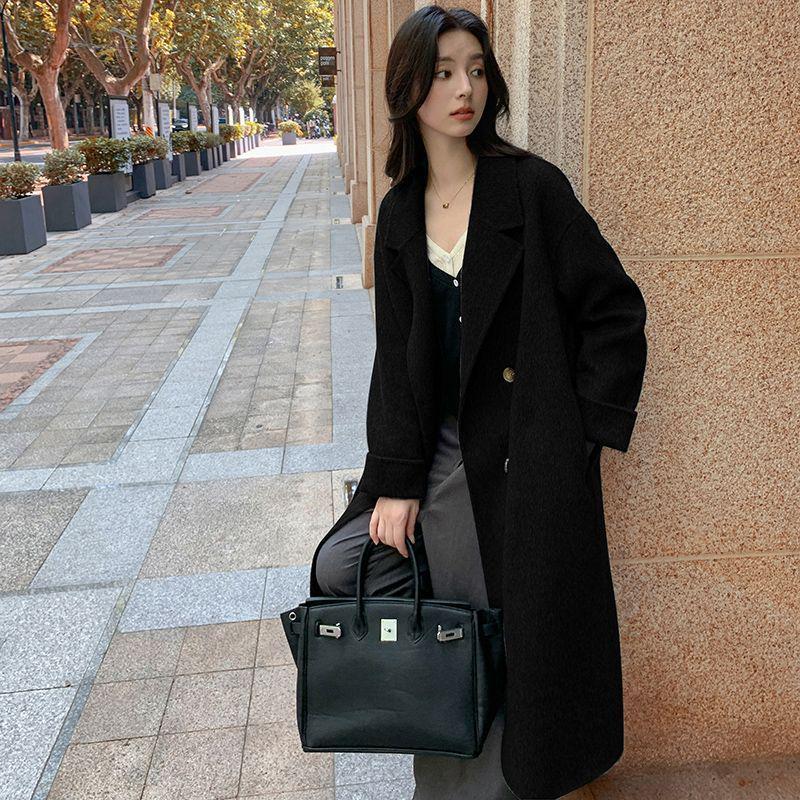 Petite Women's Korean-Style Fleece-Lined Gray Wool Coat for Fall/Winter