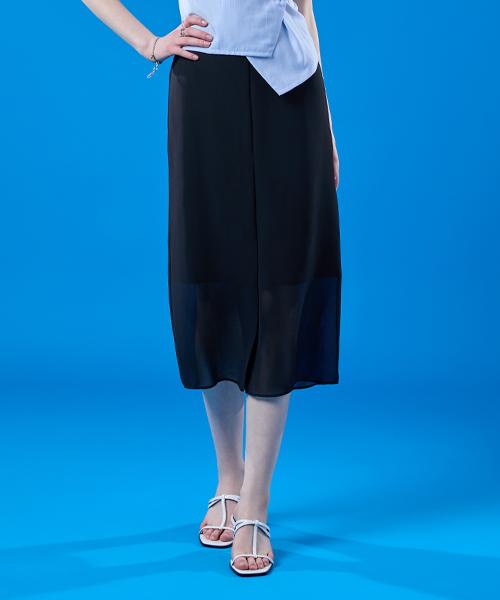 Collet See-Through Chiffon Slit Cooling Layered Long Skirt [Black]