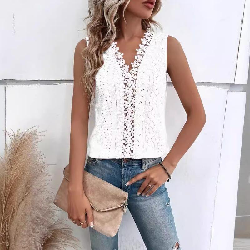 Damen Lässiges V-Ausschnitt Patchwork Spitze Ausgeschnitten Ärmelloses Weste T-Shirt Top