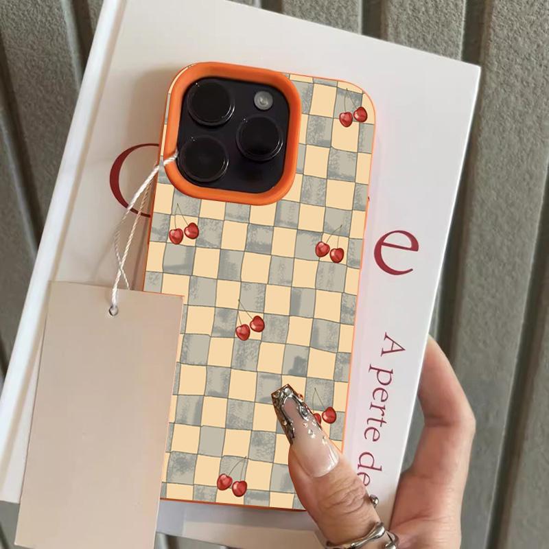 

Blue Checkered Cherry Lychee Pattern Phone Case For iPhone 17 16 15 14 13 12 11 Pro Max 17 Air 15 14 Plus X XS XR 16E Soft Cover iPhone 16 Pro Max