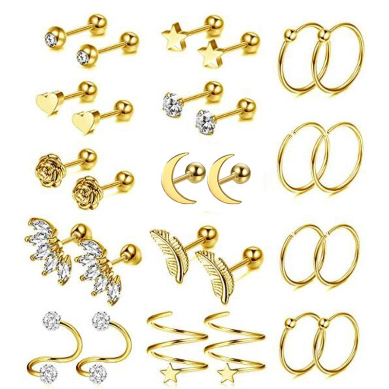 Stainless steel minimalist men's and women's ear stud piercing jewelry set with ear bar studs