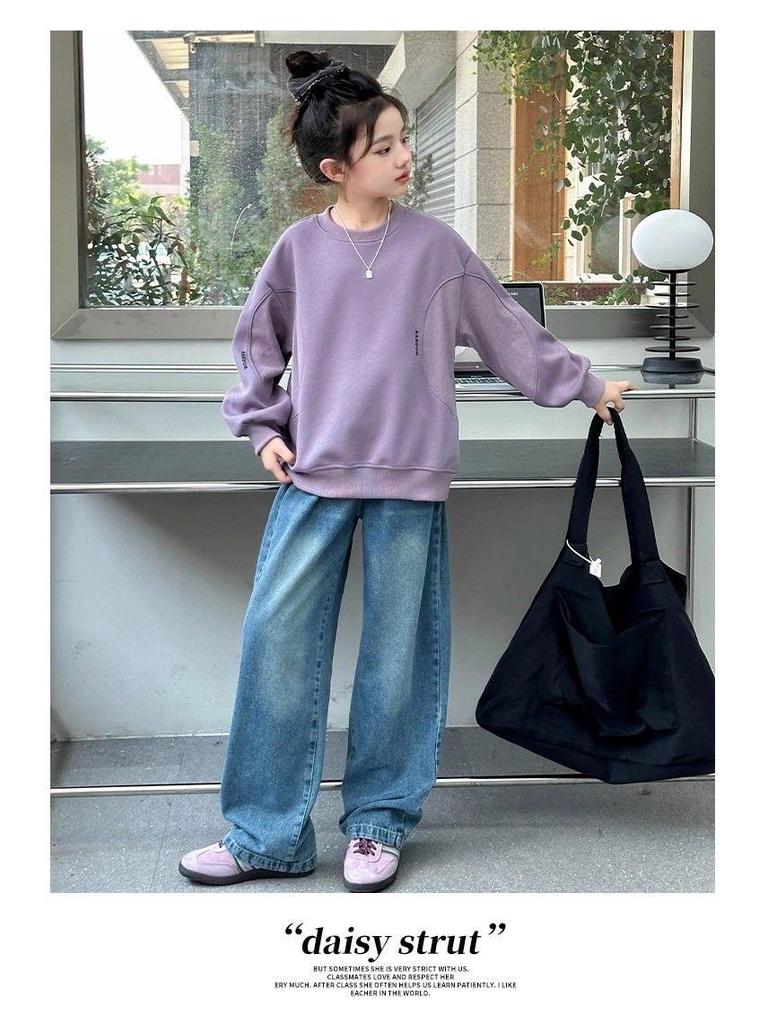 Dívčí módní volná mikina s kulatým výstřihem a dlouhým rukávem - Kolekce Podzim/Jaro 2025