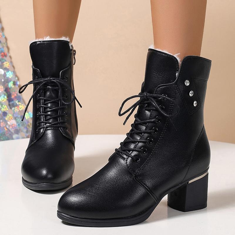 

Winter Warm Plush Ankle Boots Women Fashion Crystal Chunky High Heels Booties Women Zipper Lace Up Faux Leather Botas Mujer 42