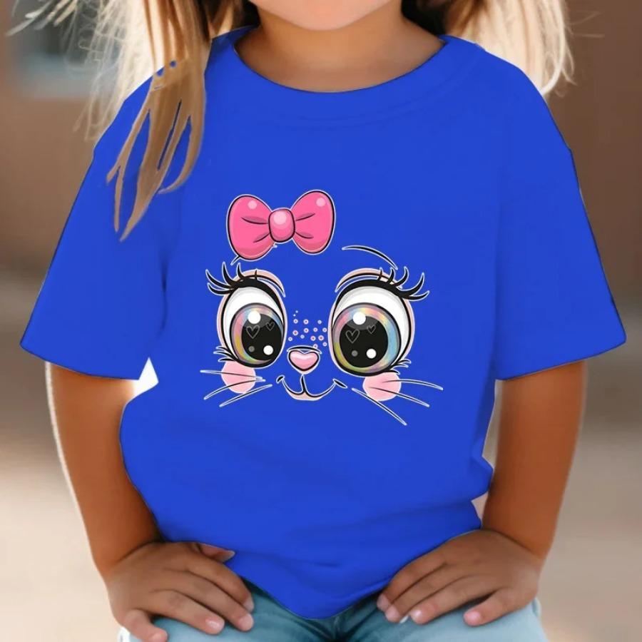 Teen Girl Clothes Pink Bow Cat Girl T-Shirt Summer Fashion Crew Neck Junior Girls' Clothing Short Sleeve Outdoor Children Top