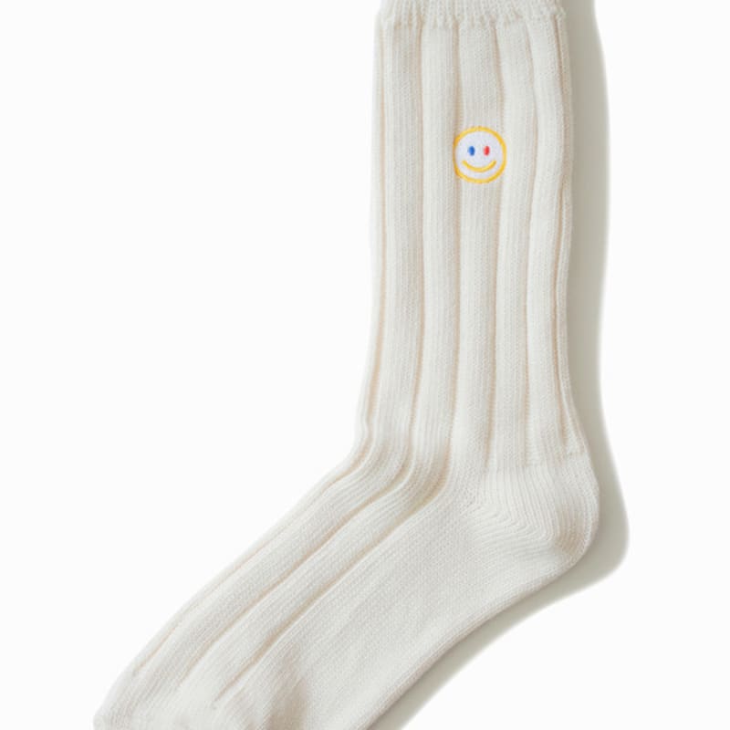 SNOOZY Smile Embroidered Knit Socks - Beige