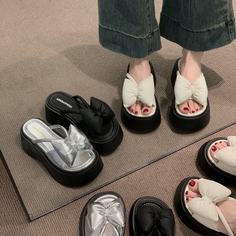 Gentle fairy wind bow thick bottom heightening women's outer wear 2025 summer new fashionable versatile one-word cool slippers