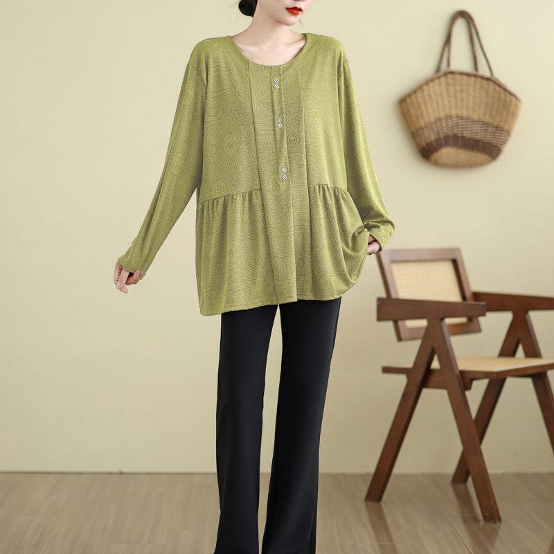 Damski top z długim rękawem w stylu chińskim, bazowy, nowy T-shirt, luźny, z okrągłym dekoltem