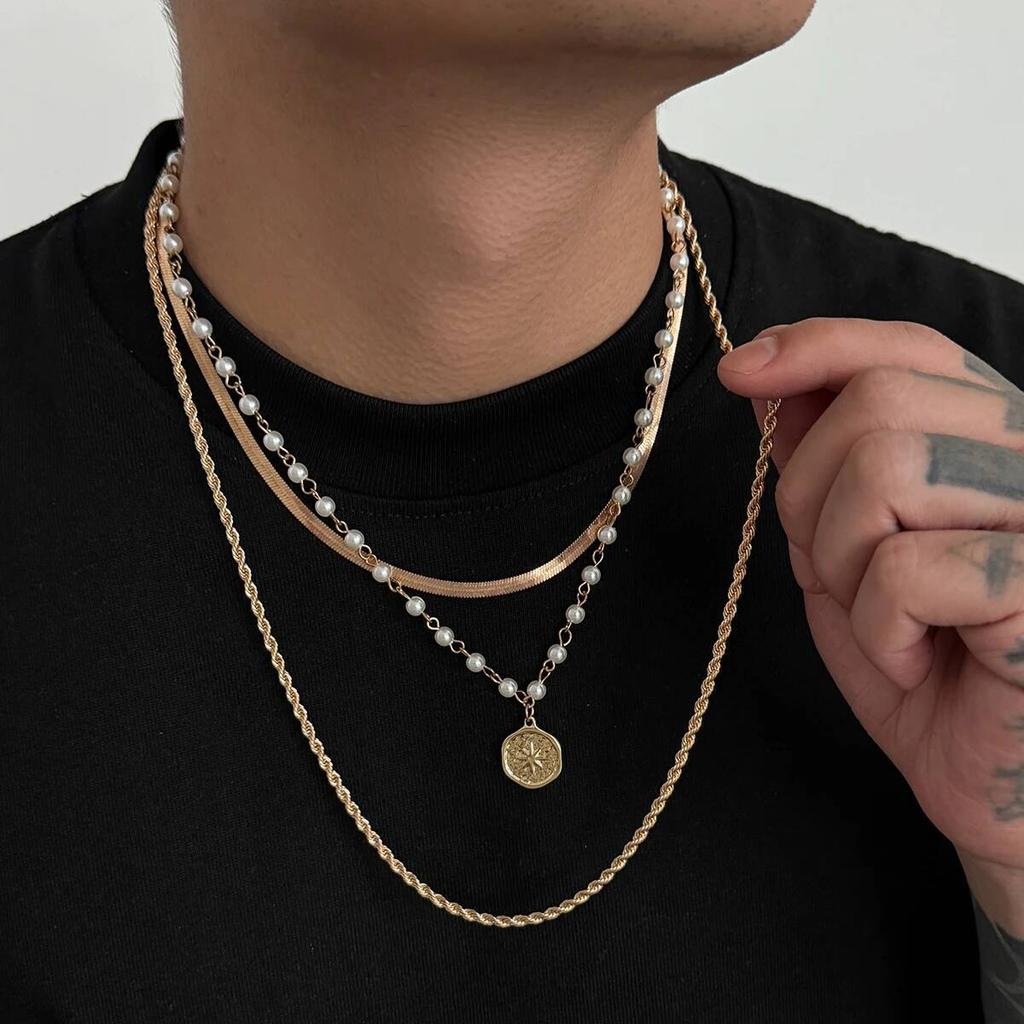 IngeSight.Z 3Pcs Trendy Imitation Pearl Coin Pendant Choker Necklace Men Punk Adjustable Gold Color Twist Chain Grunge Jewelry
